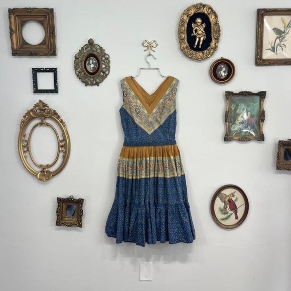 Vintage Handmade Prairie Folk Dress – Blue Floral Tiered Boho Midi XS - Picture 2 of 5